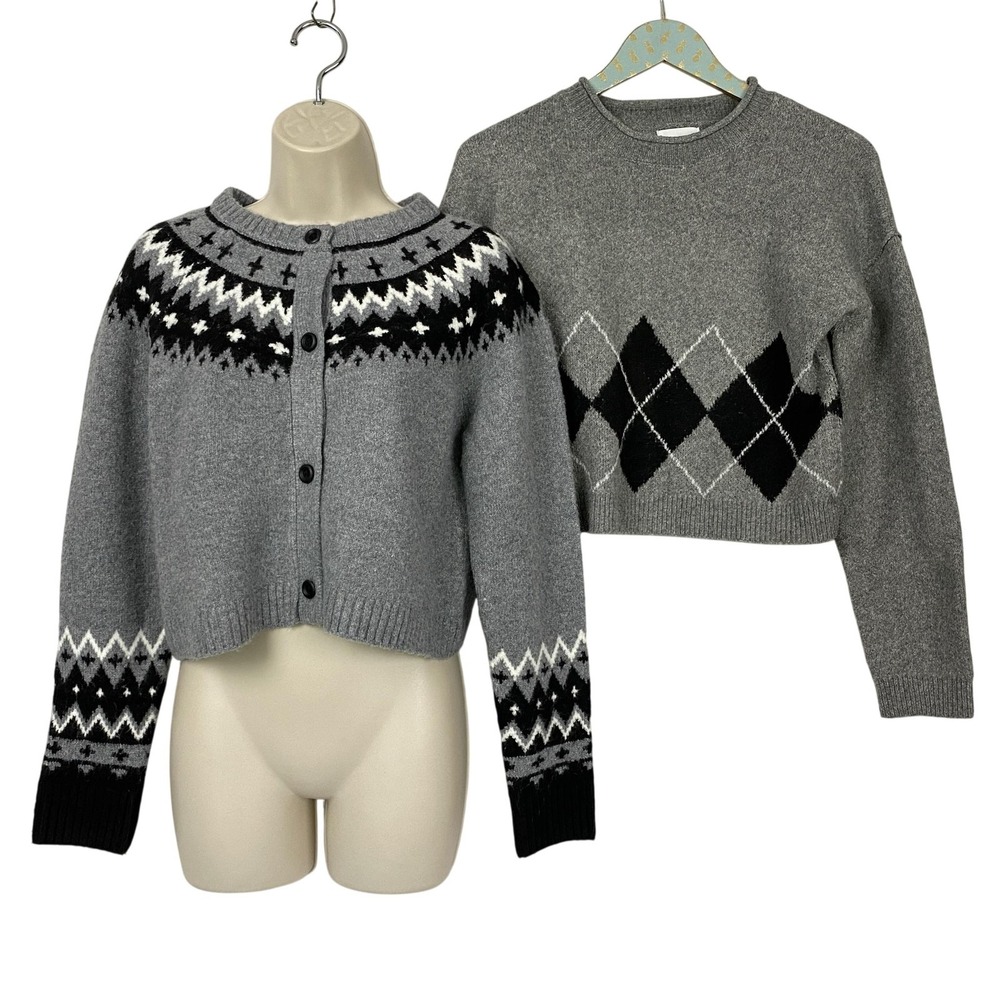 Willow & Wind Sweater Cardigan Set Womens M Gray Fair Isle Argyle Fuzzy Lot of 2
